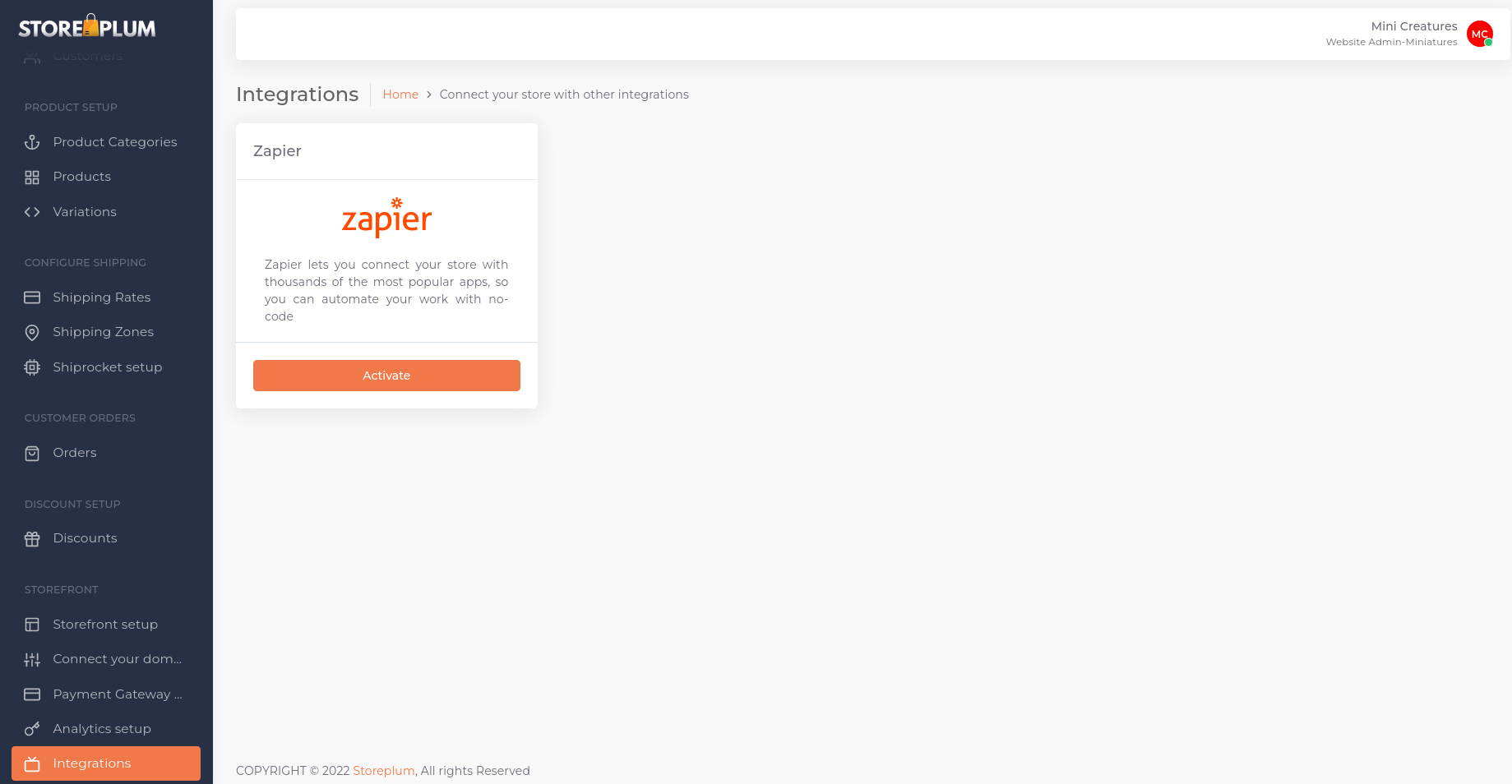 Activating Zapier integration for Storeplum